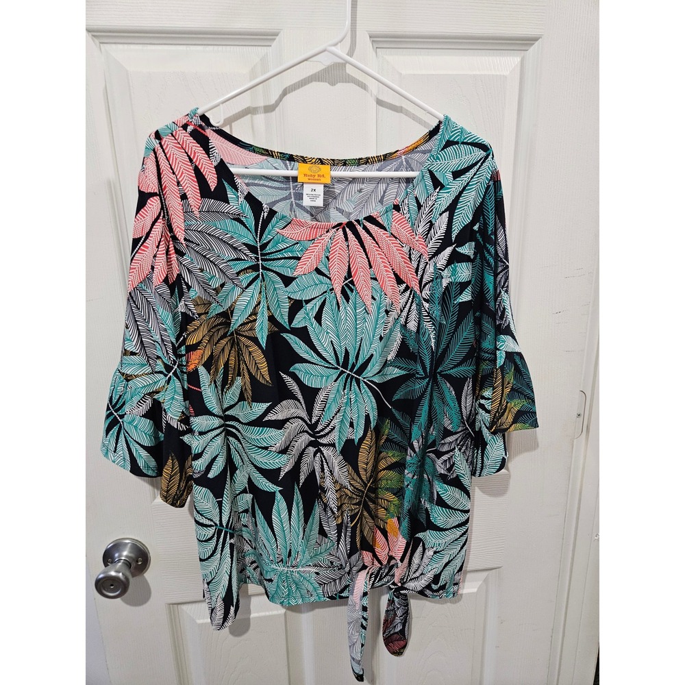 Ruby Rd Woman 2X Tropical Palm Leaf‎ Print Tie Front Bell Sleeve Top Multicolor